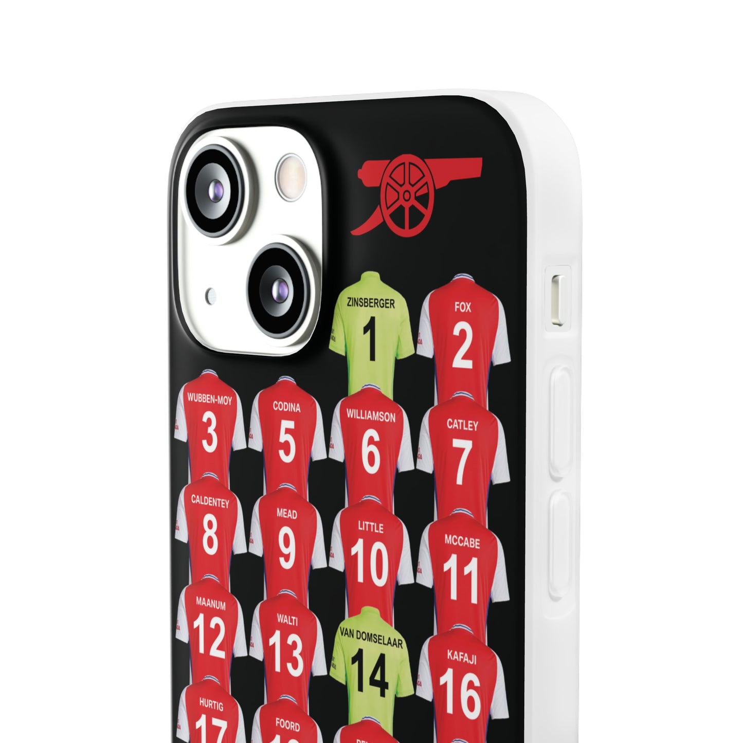 Arsenal Women Home Kit iPhone Flexi Case - iPhone 16, 15, 14, 13, 12, Mini/Plus/Pro/Pro Max - Black