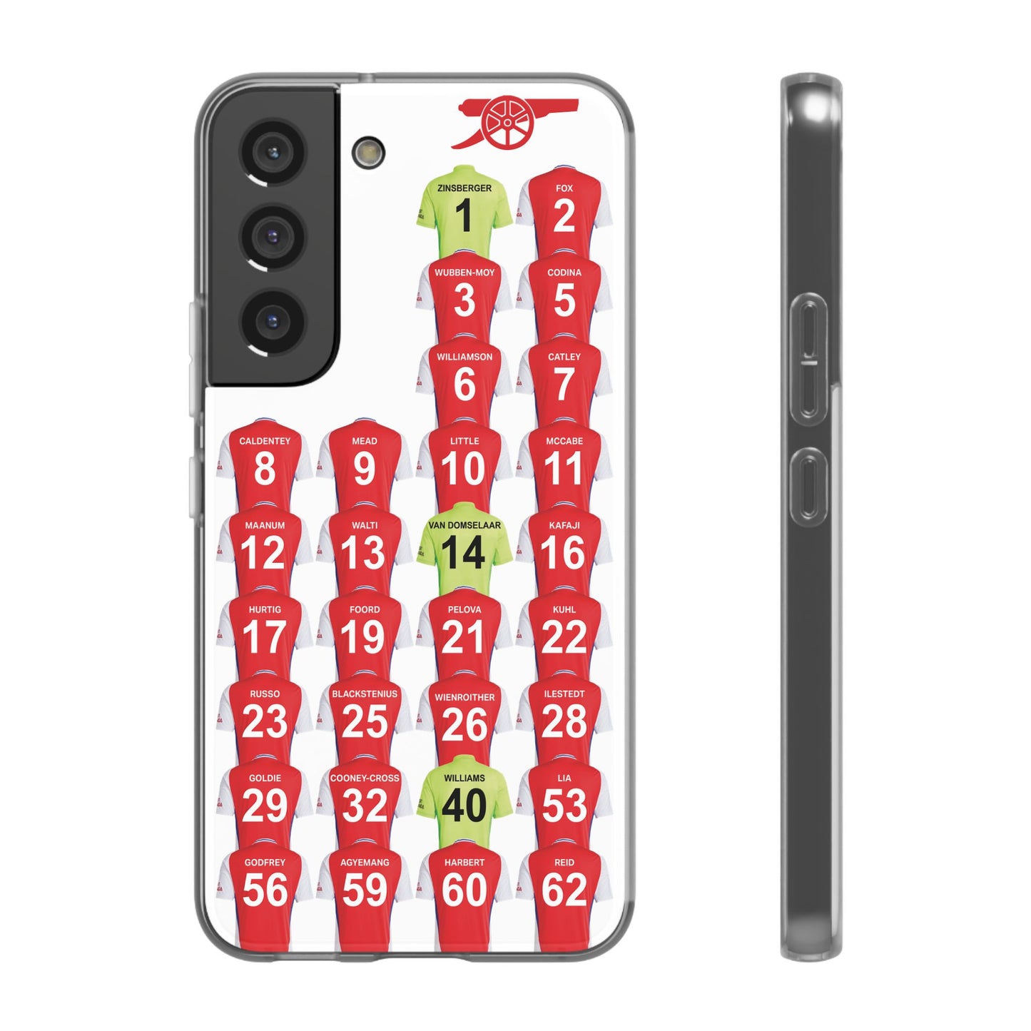 Arsenal Women Home Kit Samsung Galaxy Flexi Case - Samsung Galaxy S23, S22, S21, S10, Plus/Ultra - White