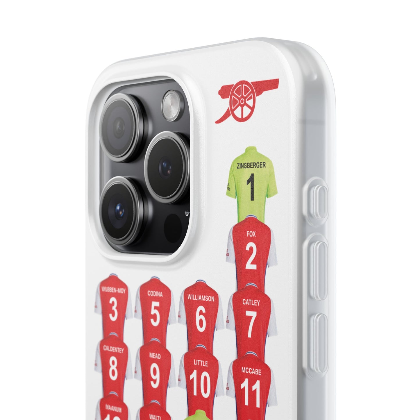 Arsenal Women Home Kit iPhone Flexi Case - iPhone 16, 15, 14, 13, 12, Mini/Plus/Pro/Pro Max - White