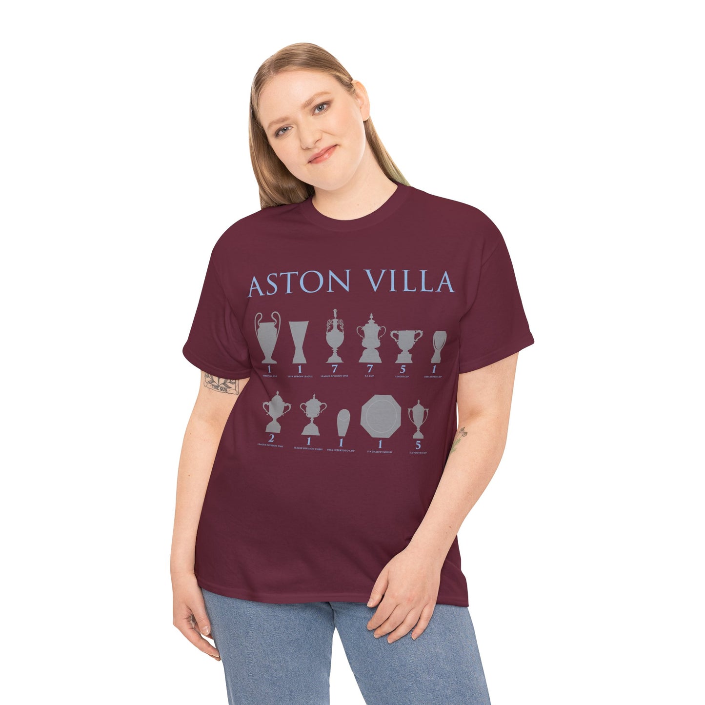 Aston Villa Trophies Unisex Heavy Cotton T-Shirt - Maroon/White/Light Blue