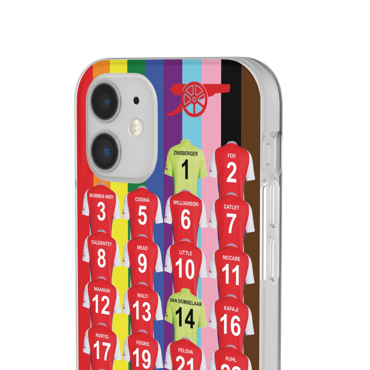 Arsenal Women Home Kit iPhone Flexi Case - iPhone 16, 15, 14, 13, 12, Mini/Plus/Pro/Pro Max - Rainbow