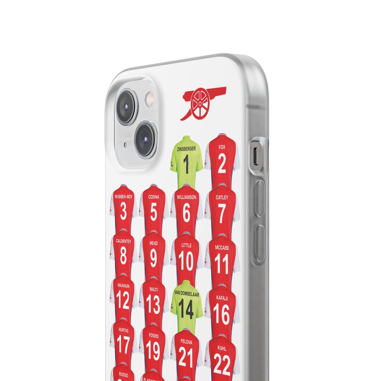 Arsenal Women Home Kit iPhone Flexi Case - iPhone 16, 15, 14, 13, 12, Mini/Plus/Pro/Pro Max - White