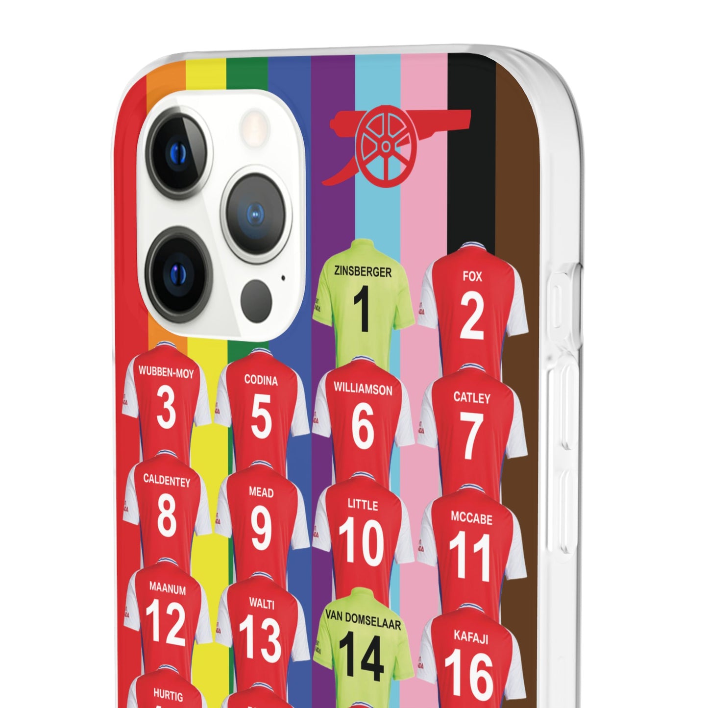 Arsenal Women Home Kit iPhone Flexi Case - iPhone 16, 15, 14, 13, 12, Mini/Plus/Pro/Pro Max - Rainbow