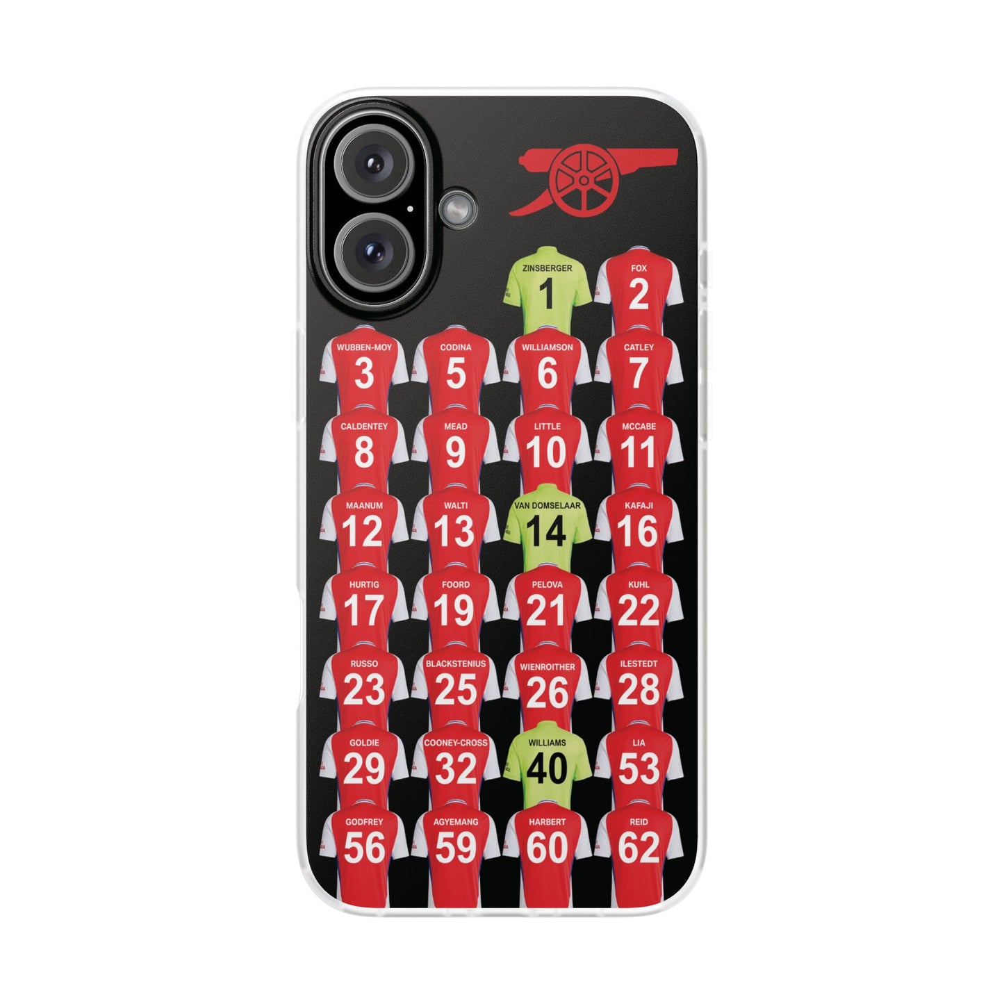 Arsenal Women Home Kit iPhone Flexi Case - iPhone 16, 15, 14, 13, 12, Mini/Plus/Pro/Pro Max - Black