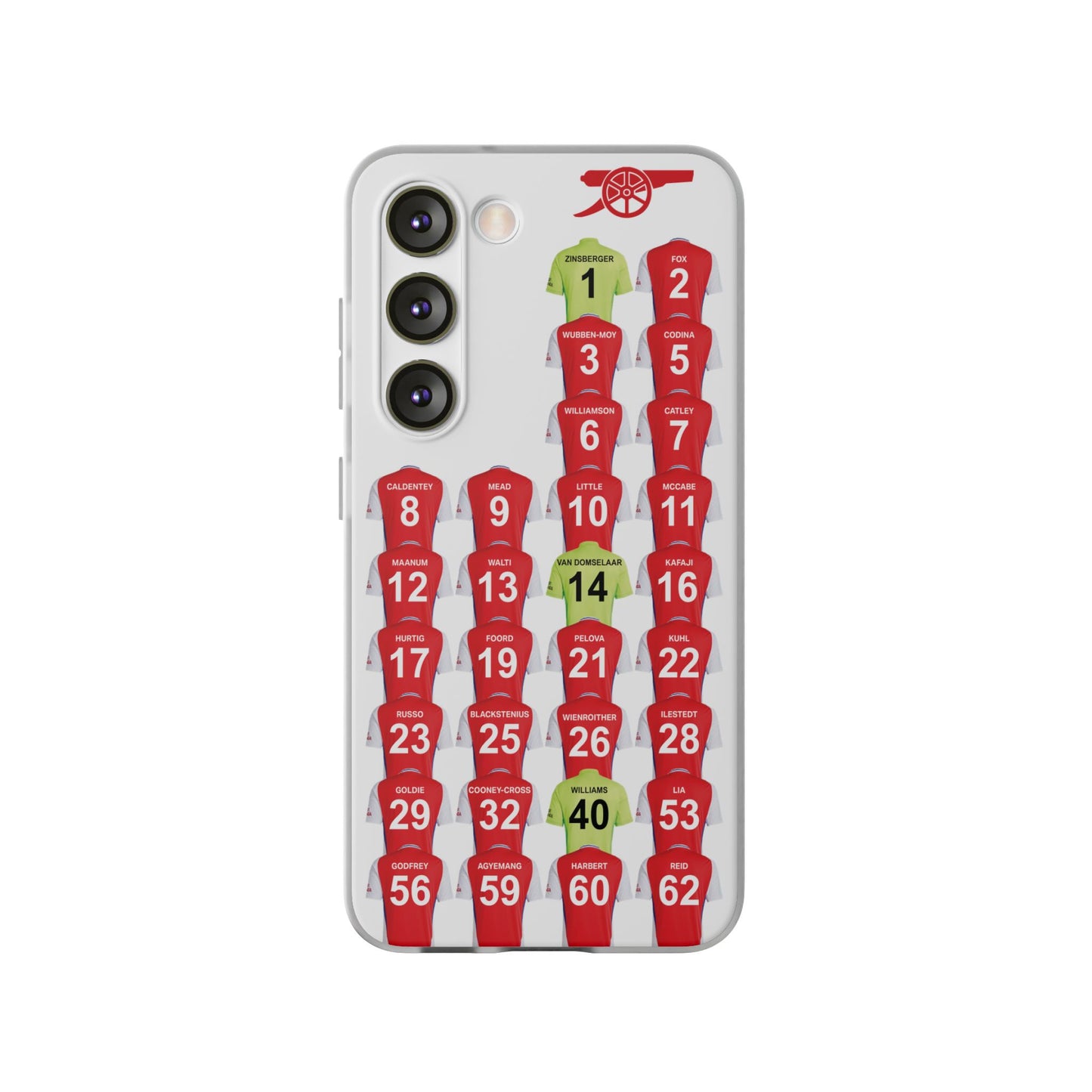 Arsenal Women Home Kit Samsung Galaxy Flexi Case - Samsung Galaxy S23, S22, S21, S10, Plus/Ultra - White