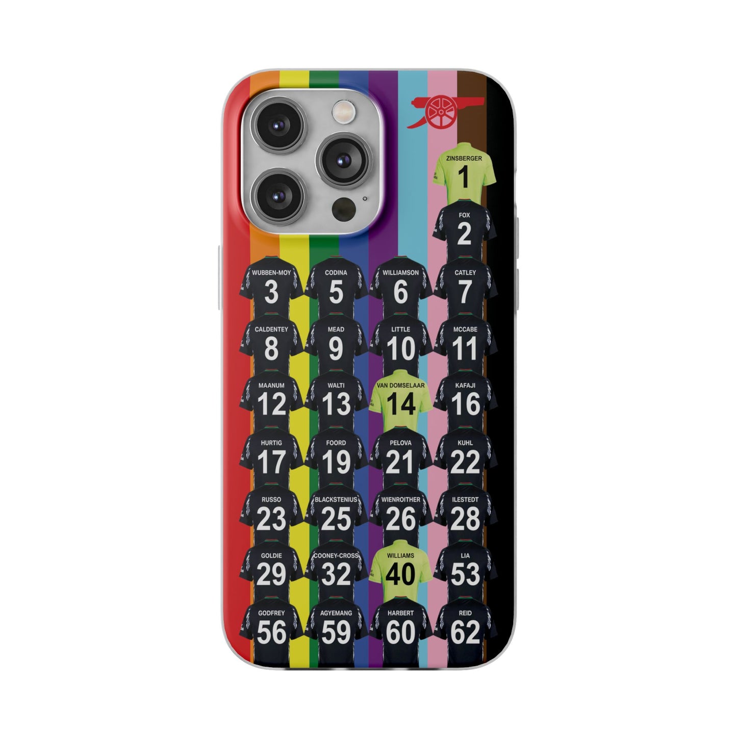 Arsenal Women Away Kit iPhone Flexi Case - iPhone 16, 15, 14, 13, 12, Mini/Plus/Pro/Pro Max - Rainbow