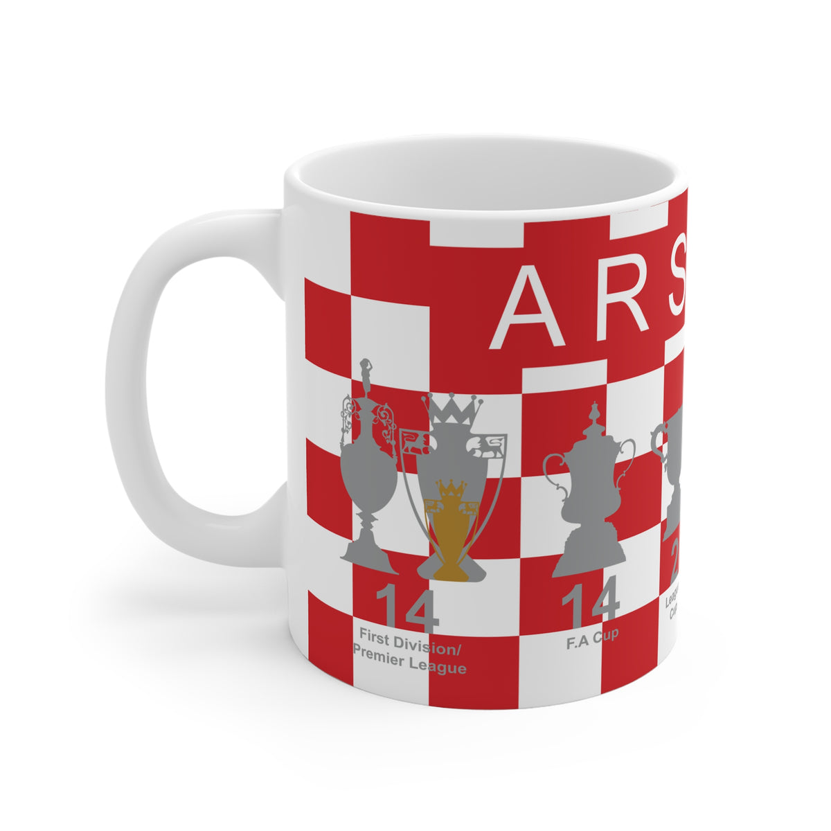Arsenal Red & White Chequered Trophies Mug UPDATED - White Text