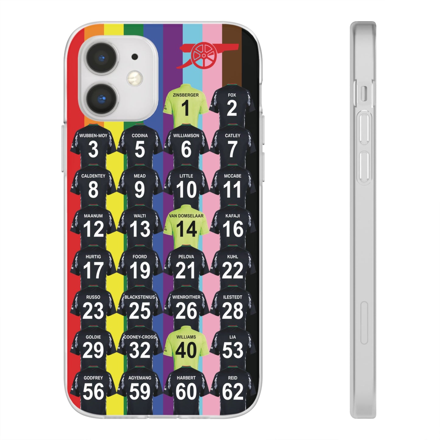 Arsenal Women Away Kit iPhone Flexi Case - iPhone 16, 15, 14, 13, 12, Mini/Plus/Pro/Pro Max - Rainbow