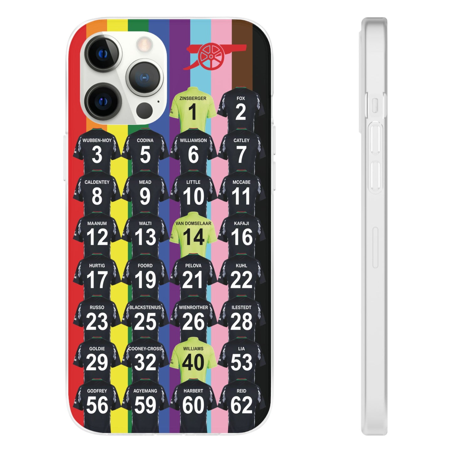 Arsenal Women Away Kit iPhone Flexi Case - iPhone 16, 15, 14, 13, 12, Mini/Plus/Pro/Pro Max - Rainbow