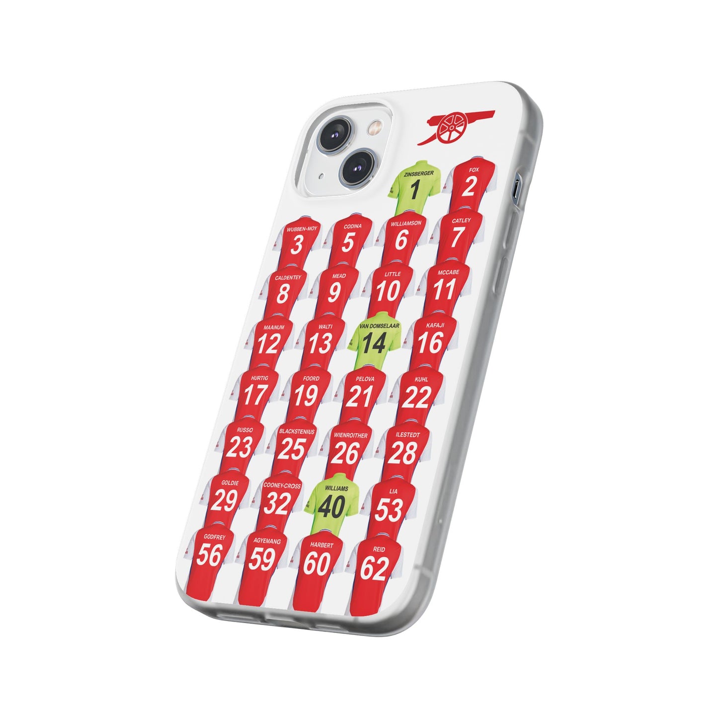 Arsenal Women Home Kit iPhone Flexi Case - iPhone 16, 15, 14, 13, 12, Mini/Plus/Pro/Pro Max - White