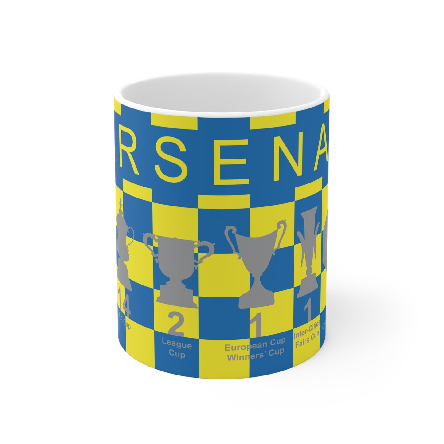 Arsenal Yellow & Blue Chequered Trophies Mug UPDATED - Yellow Text