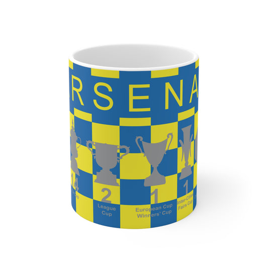 Arsenal Yellow & Blue Chequered Trophies Mug UPDATED - Yellow Text