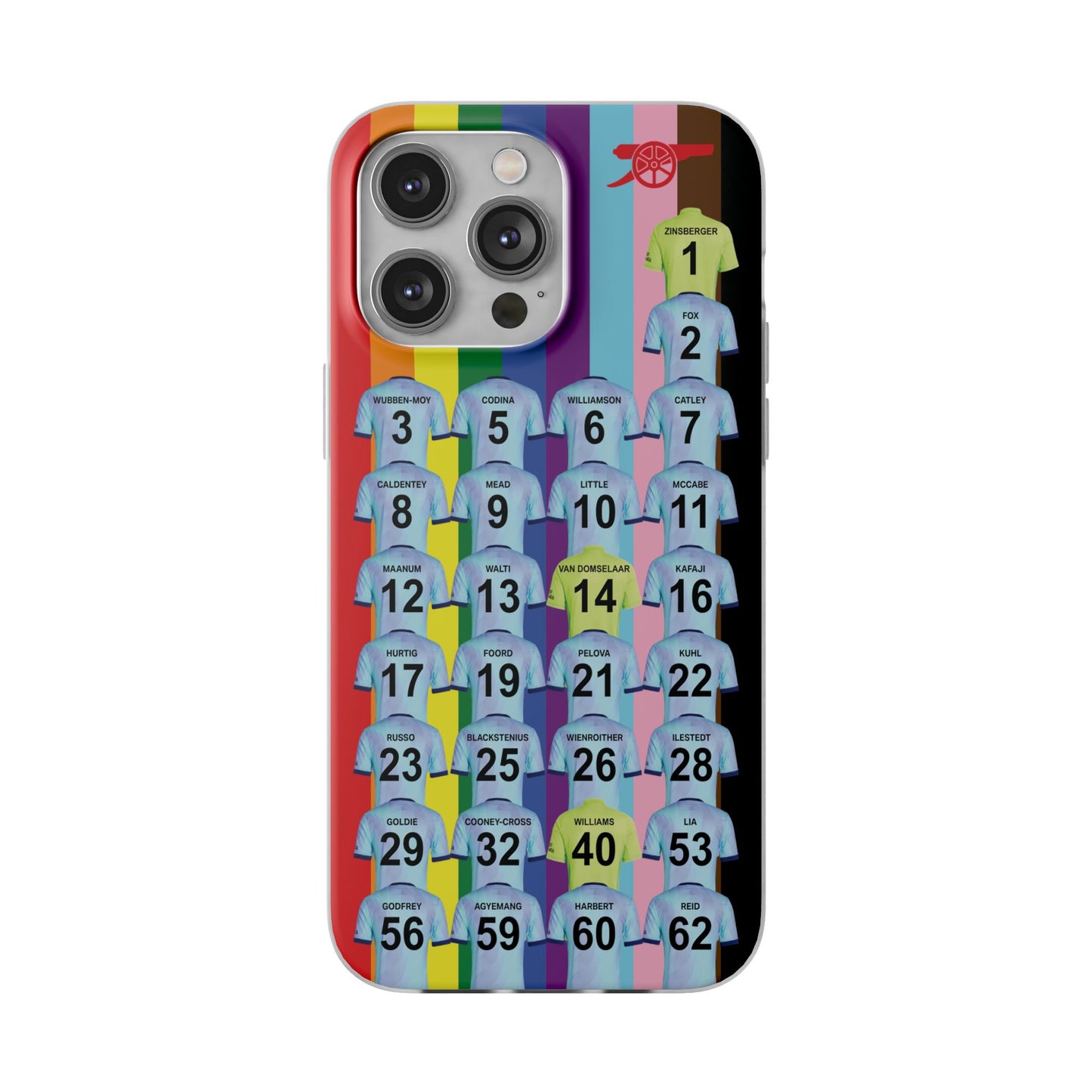 Arsenal Women Third Kit iPhone Flexi Case - iPhone 16, 15, 14, 13, 12, Mini/Plus/Pro/Pro Max - Rainbow