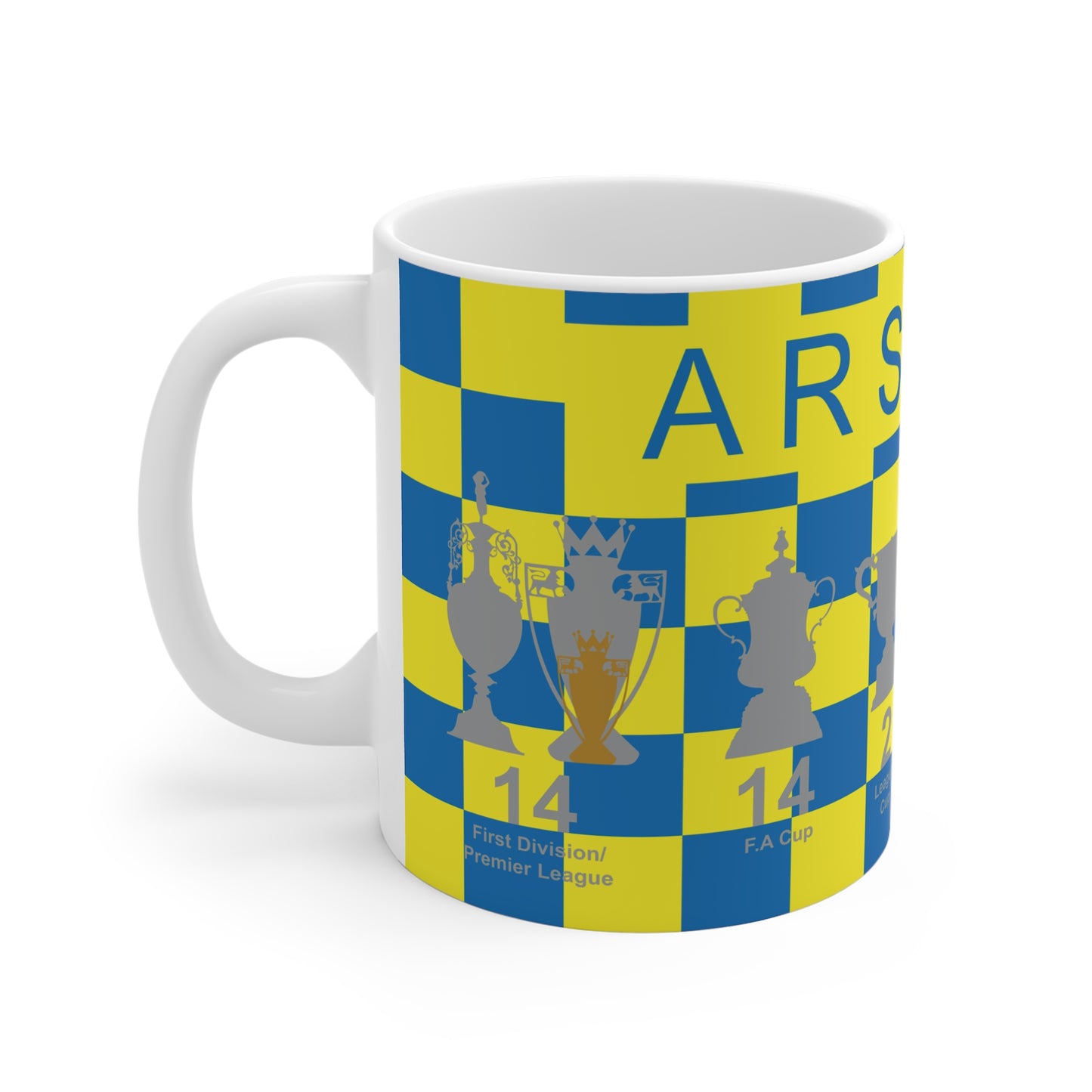 Arsenal Yellow & Blue Chequered Trophies Mug UPDATED - Blue Text
