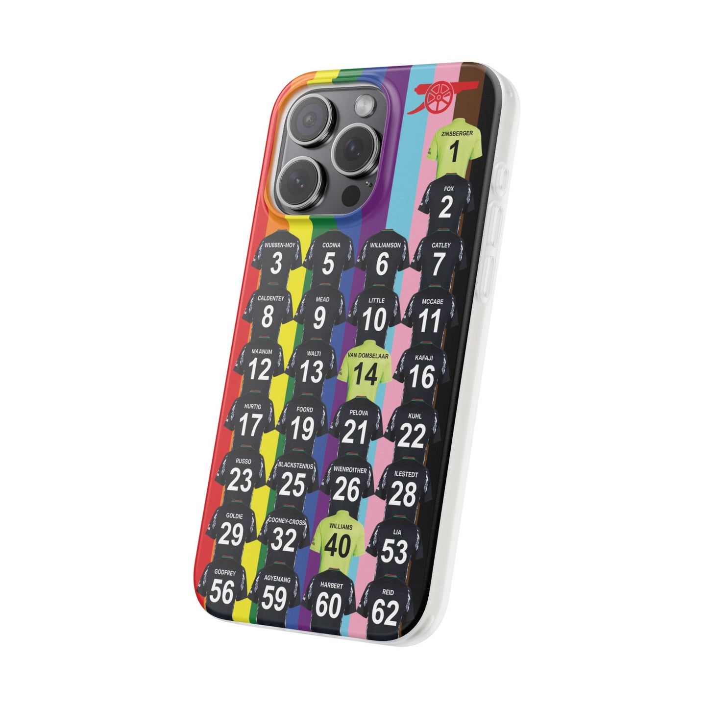 Arsenal Women Away Kit iPhone Flexi Case - iPhone 16, 15, 14, 13, 12, Mini/Plus/Pro/Pro Max - Rainbow