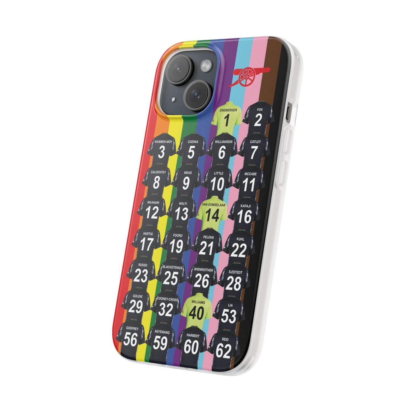 Arsenal Women Away Kit iPhone Flexi Case - iPhone 16, 15, 14, 13, 12, Mini/Plus/Pro/Pro Max - Rainbow