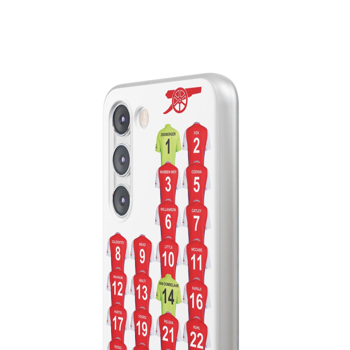 Arsenal Women Home Kit Samsung Galaxy Flexi Case - Samsung Galaxy S23, S22, S21, S10, Plus/Ultra - White