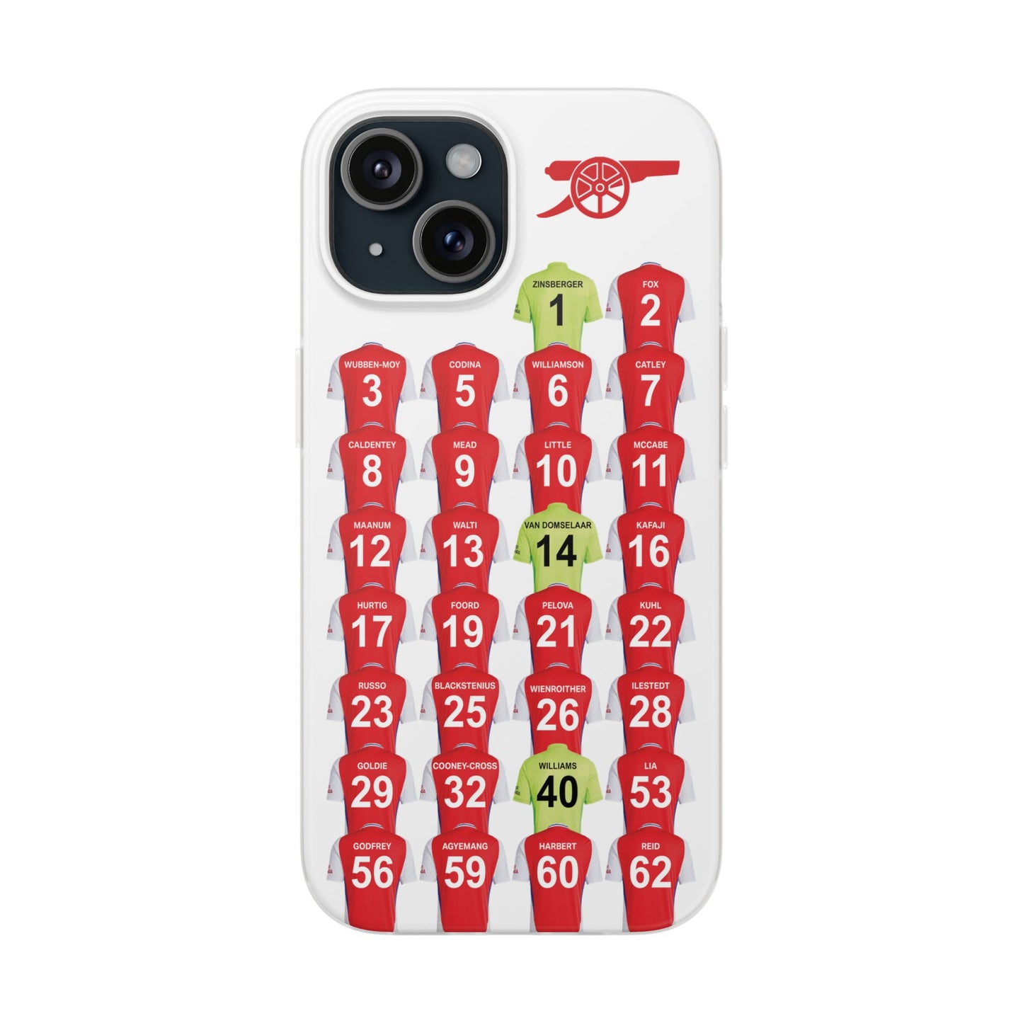 Arsenal Women Home Kit iPhone Flexi Case - iPhone 16, 15, 14, 13, 12, Mini/Plus/Pro/Pro Max - White