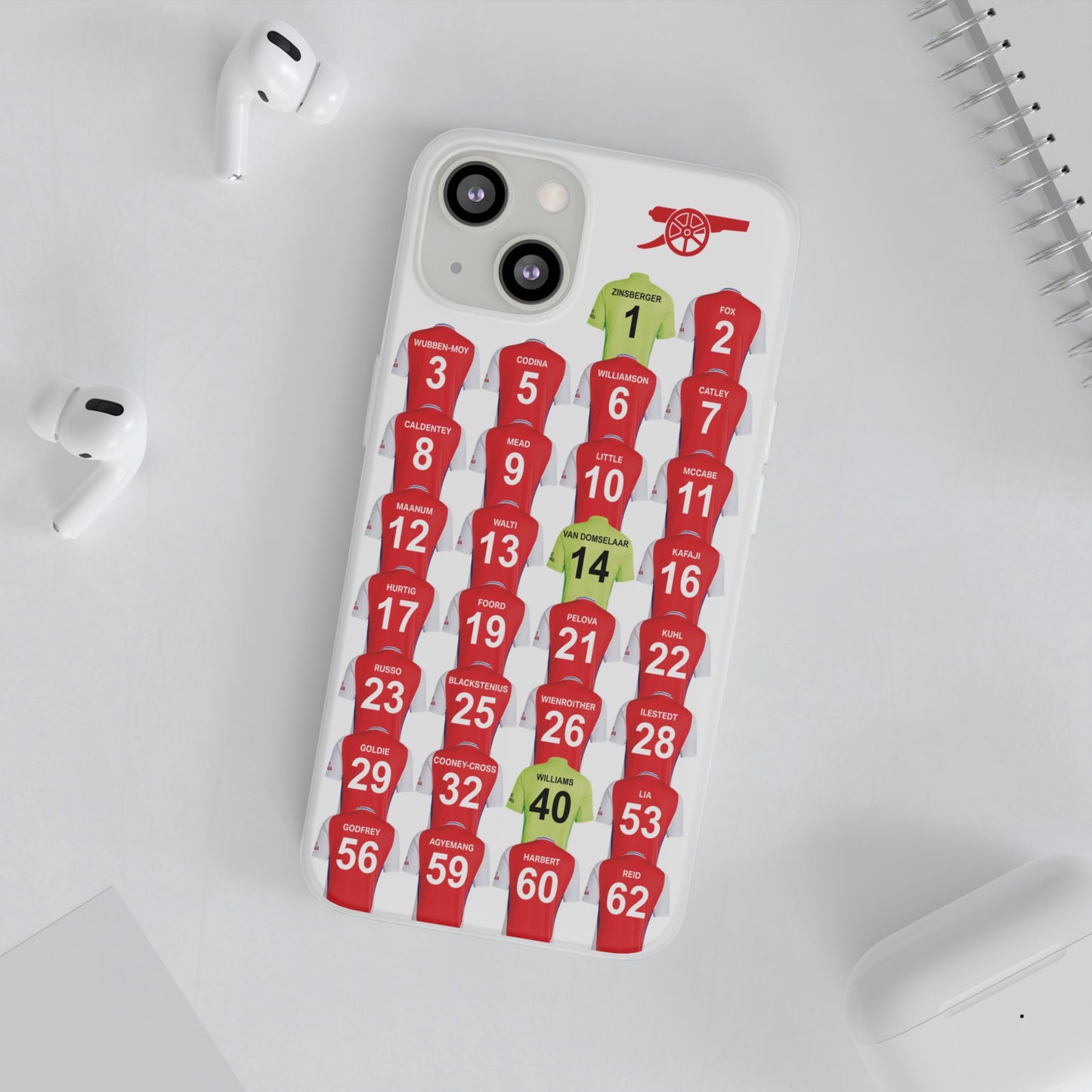 Arsenal Women Home Kit iPhone Flexi Case - iPhone 16, 15, 14, 13, 12, Mini/Plus/Pro/Pro Max - White