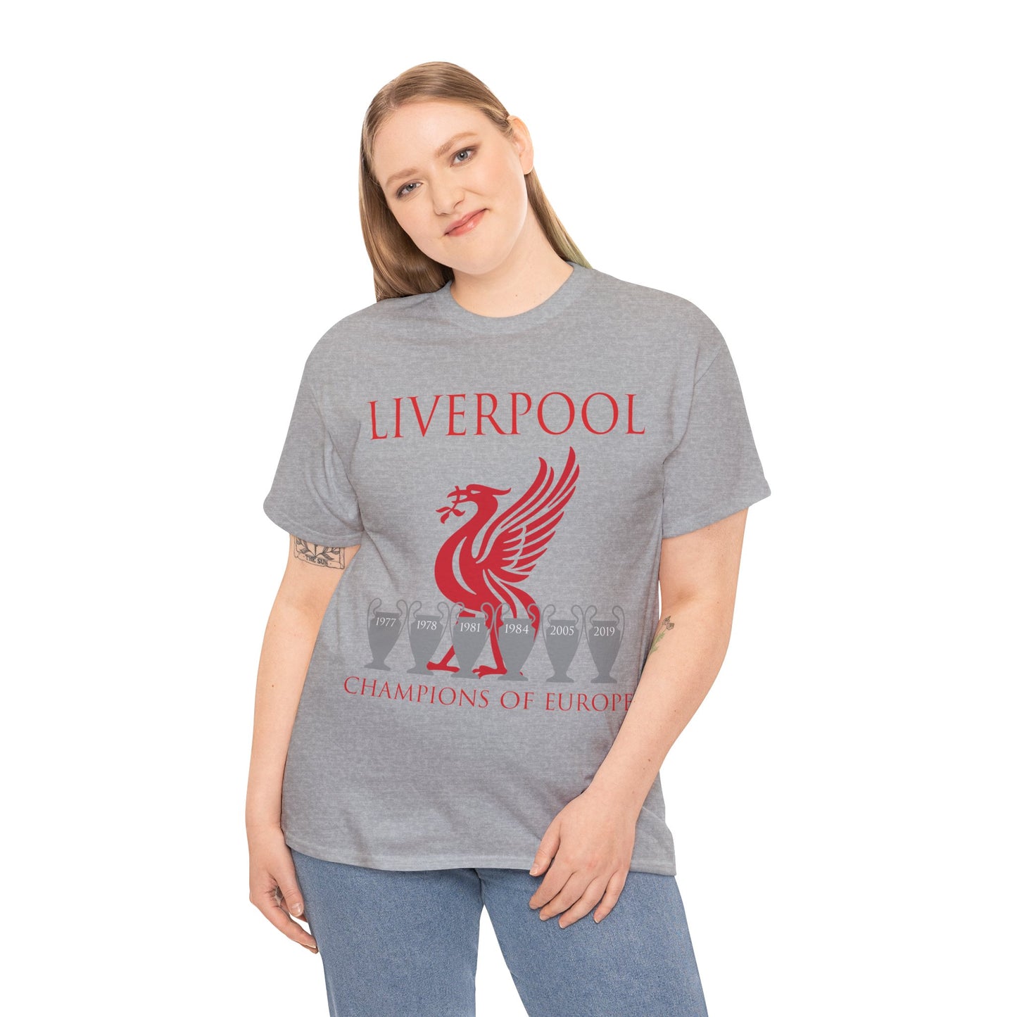 Liverpool Champions of Europe Unisex Heavy Cotton T-Shirt - Red/White/Black/Gold/Sport Grey/Charcoal