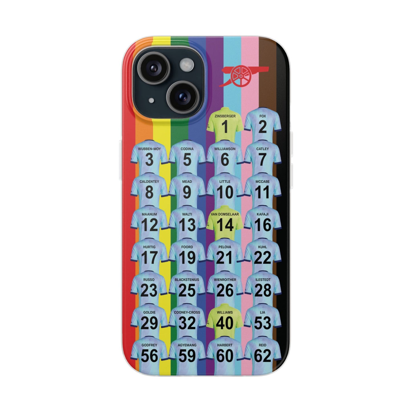 Arsenal Women Third Kit iPhone Flexi Case - iPhone 16, 15, 14, 13, 12, Mini/Plus/Pro/Pro Max - Rainbow