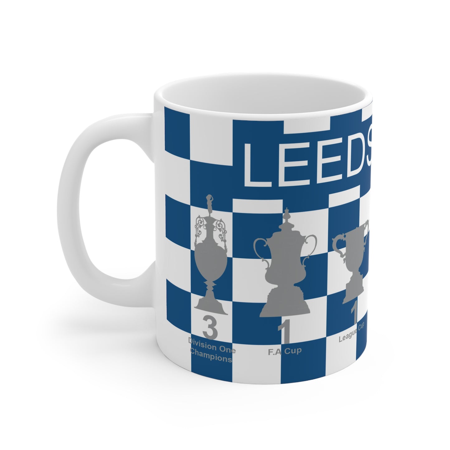Leeds United Blue & White Chequered Trophies Mug
