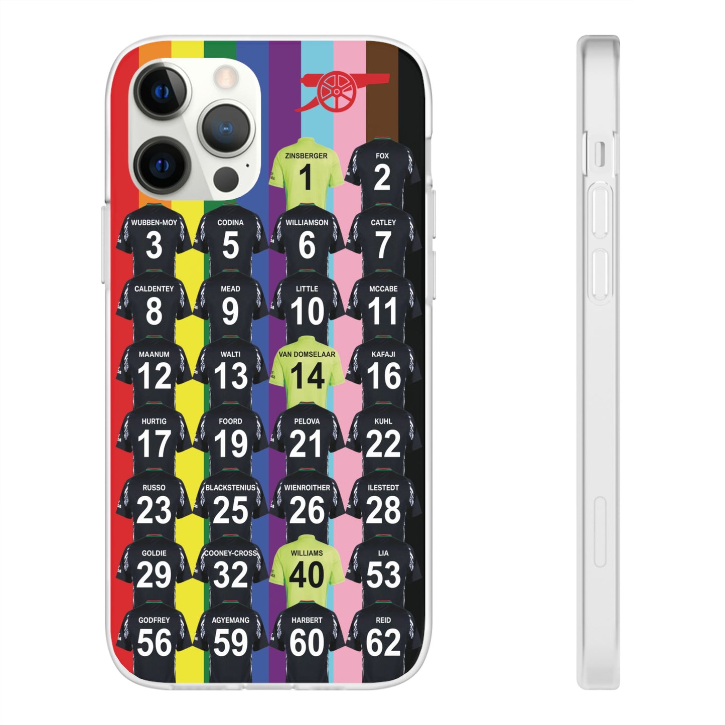 Arsenal Women Away Kit iPhone Flexi Case - iPhone 16, 15, 14, 13, 12, Mini/Plus/Pro/Pro Max - Rainbow