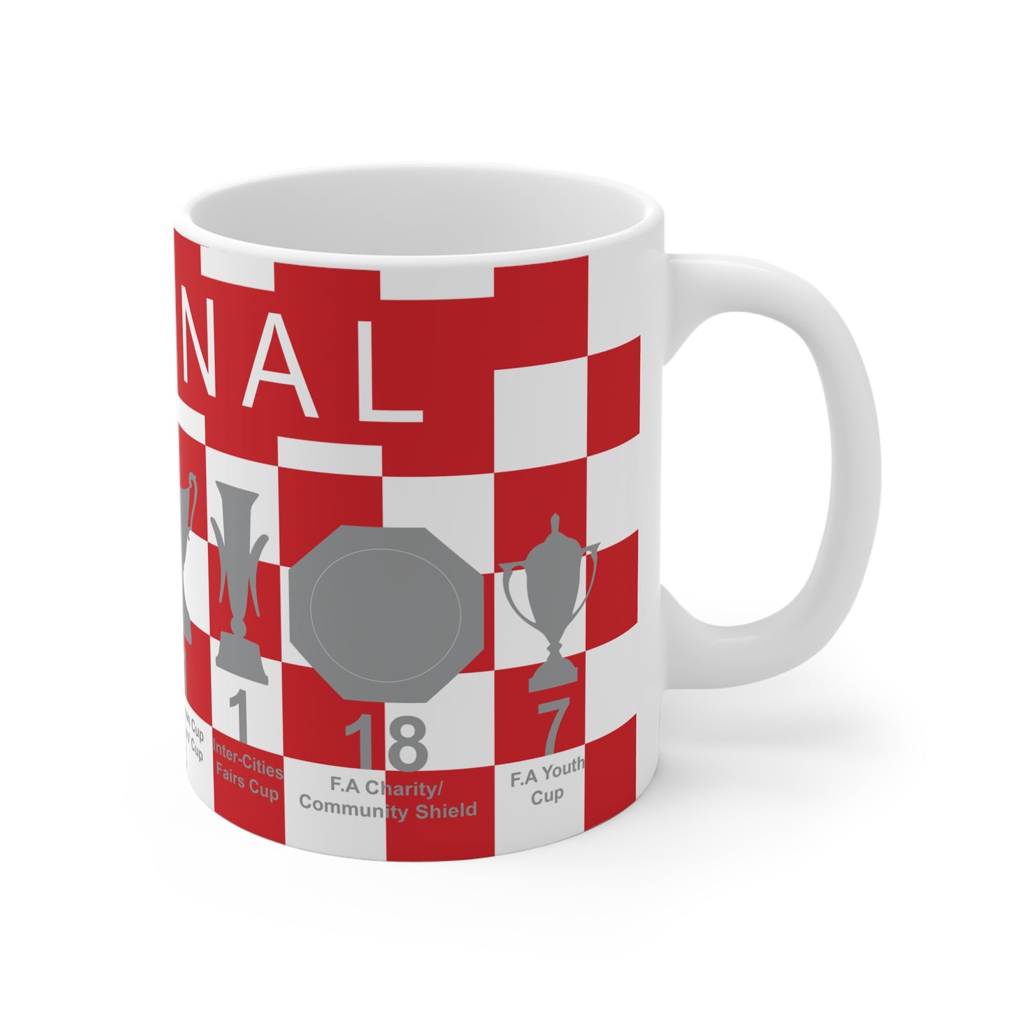Arsenal Red & White Chequered Trophies Mug UPDATED - White Text