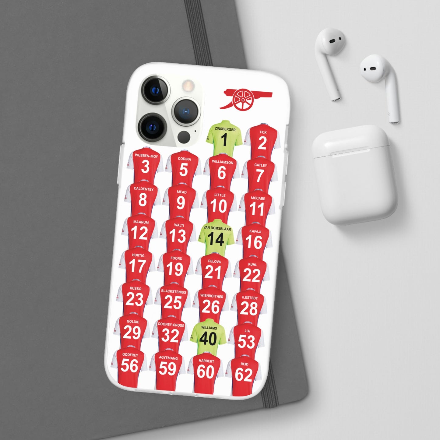 Arsenal Women Home Kit iPhone Flexi Case - iPhone 16, 15, 14, 13, 12, Mini/Plus/Pro/Pro Max - White