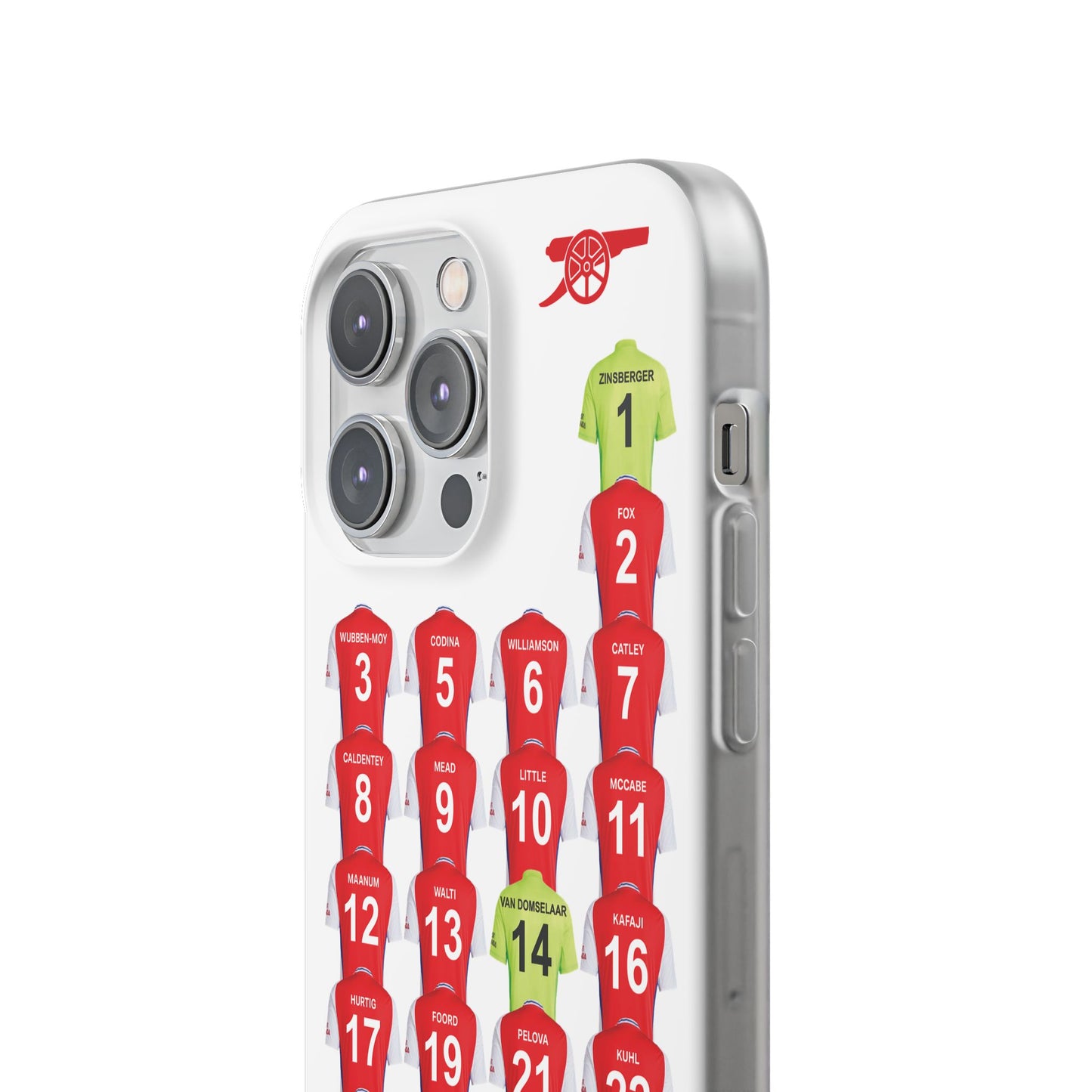 Arsenal Women Home Kit iPhone Flexi Case - iPhone 16, 15, 14, 13, 12, Mini/Plus/Pro/Pro Max - White