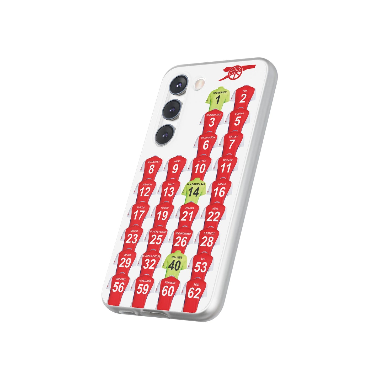 Arsenal Women Home Kit Samsung Galaxy Flexi Case - Samsung Galaxy S23, S22, S21, S10, Plus/Ultra - White