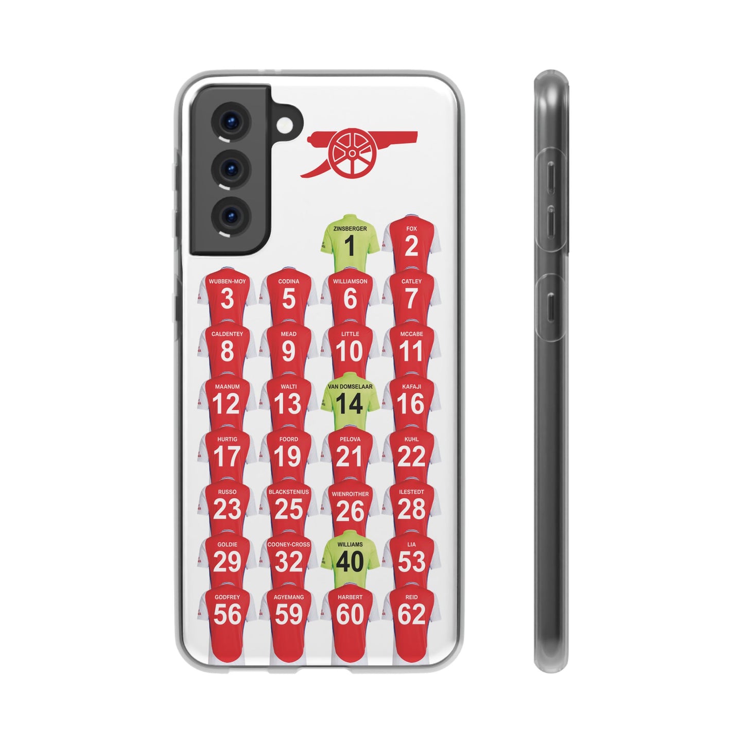 Arsenal Women Home Kit Samsung Galaxy Flexi Case - Samsung Galaxy S23, S22, S21, S10, Plus/Ultra - White