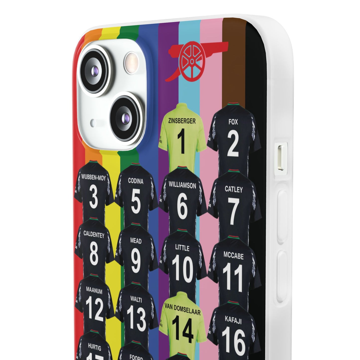 Arsenal Women Away Kit iPhone Flexi Case - iPhone 16, 15, 14, 13, 12, Mini/Plus/Pro/Pro Max - Rainbow