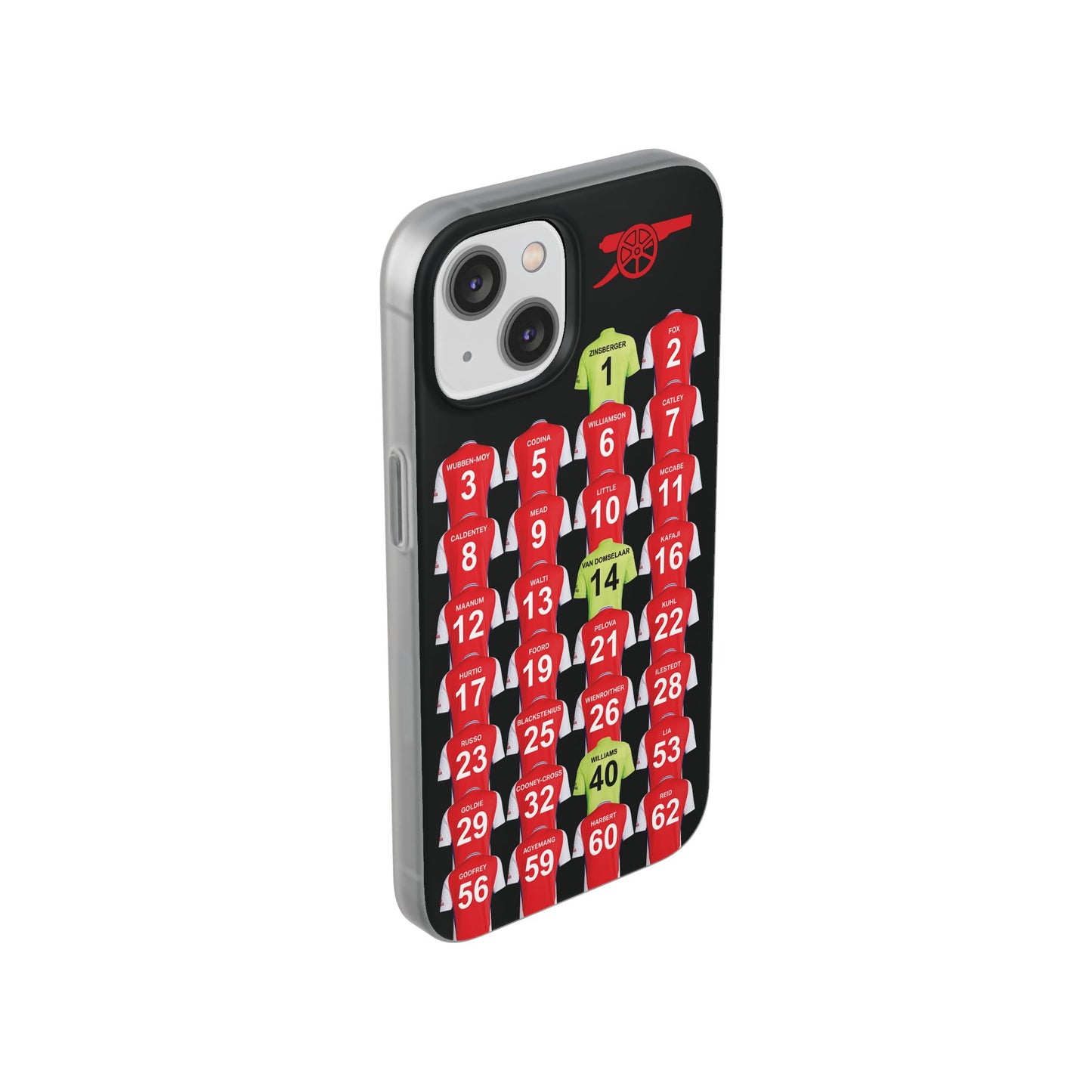 Arsenal Women Home Kit iPhone Flexi Case - iPhone 16, 15, 14, 13, 12, Mini/Plus/Pro/Pro Max - Black