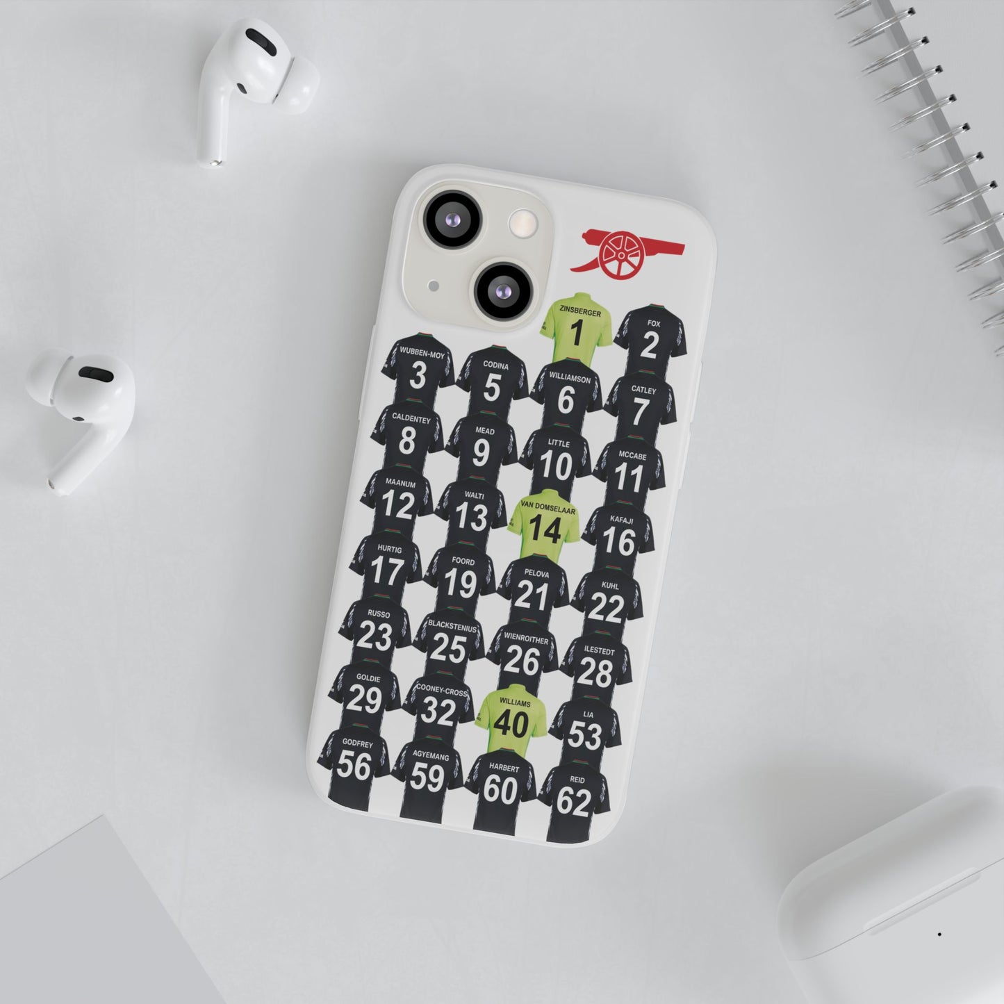 Arsenal Women Away Kit iPhone Flexi Case - iPhone 16, 15, 14, 13, 12, Mini/Plus/Pro/Pro Max - White