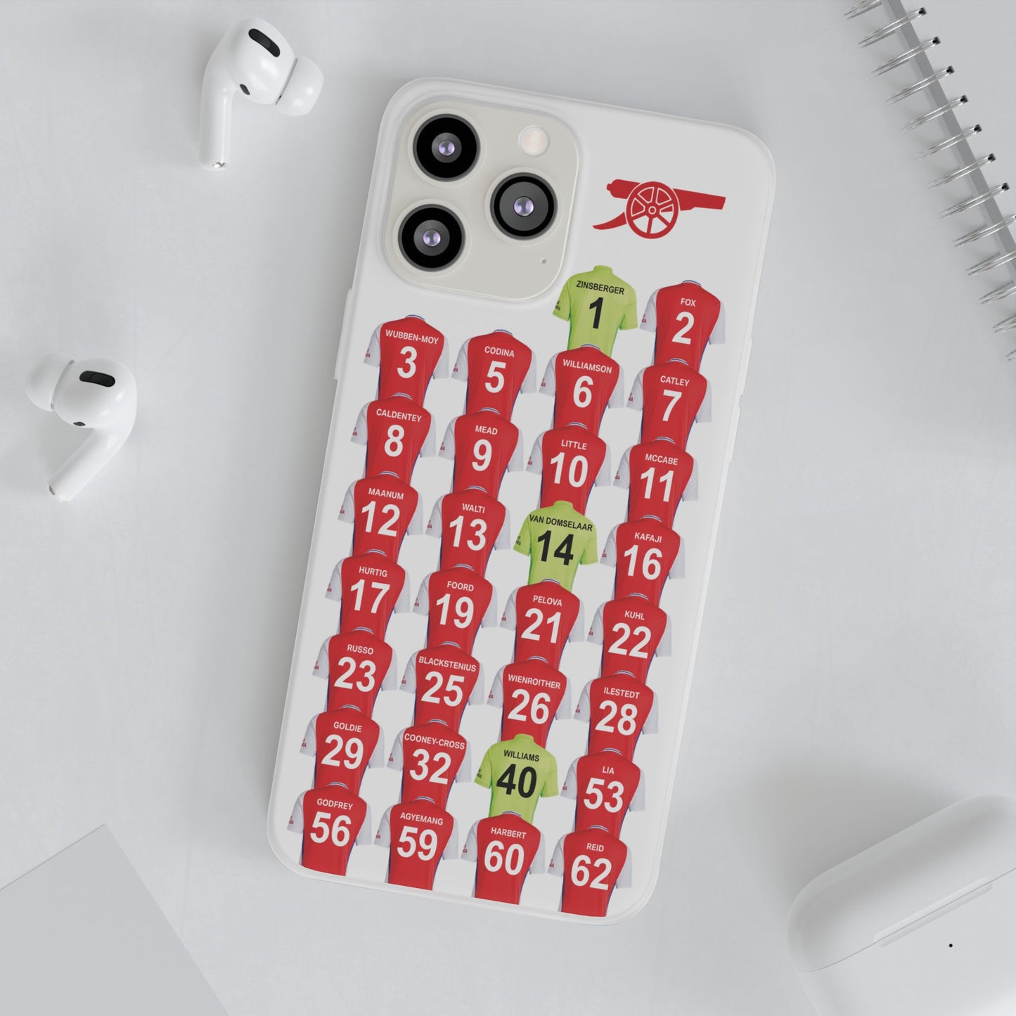 Arsenal Women Home Kit iPhone Flexi Case - iPhone 16, 15, 14, 13, 12, Mini/Plus/Pro/Pro Max - White