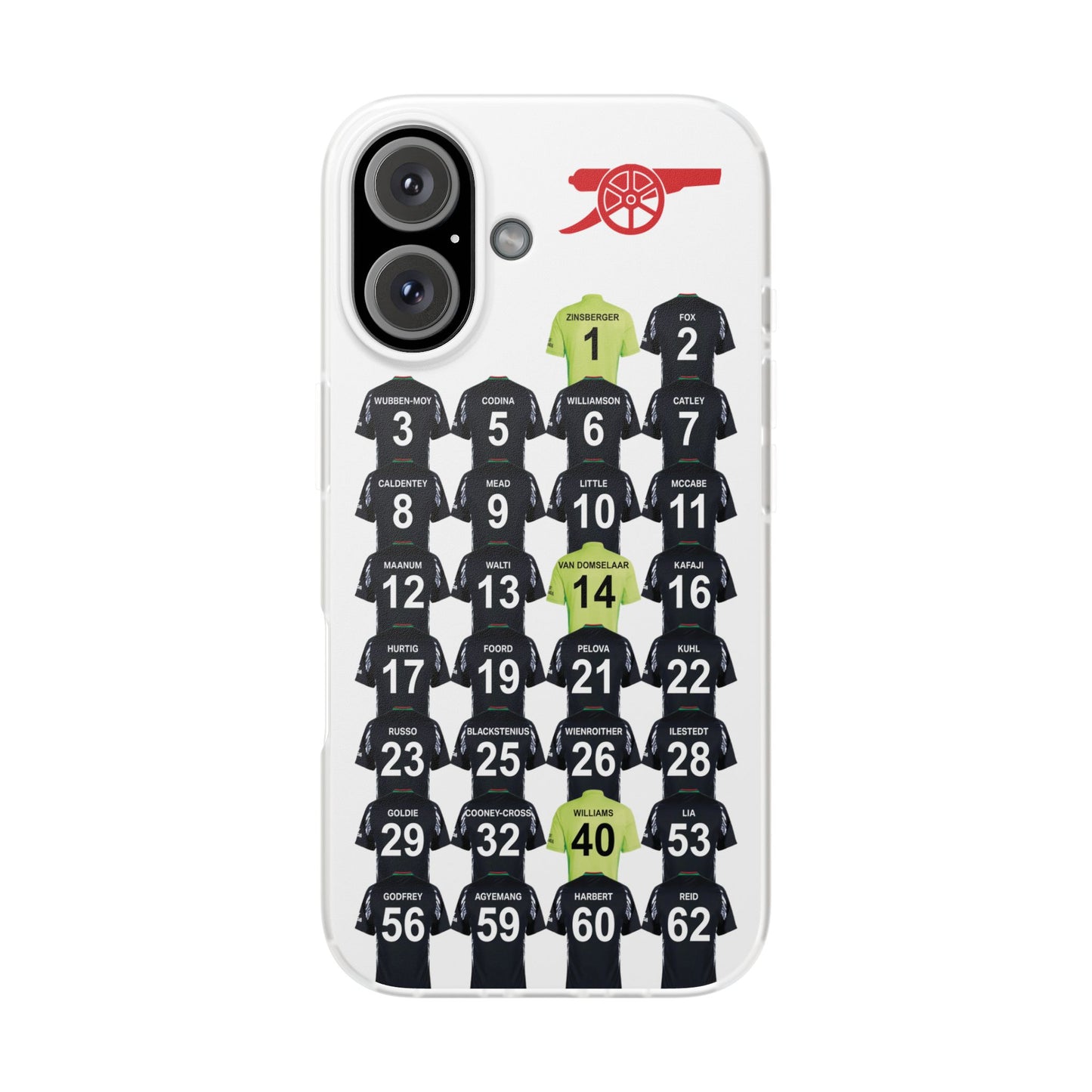 Arsenal Women Away Kit iPhone Flexi Case - iPhone 16, 15, 14, 13, 12, Mini/Plus/Pro/Pro Max - White