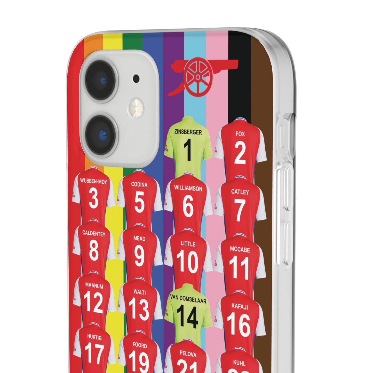 Arsenal Women Home Kit iPhone Flexi Case - iPhone 16, 15, 14, 13, 12, Mini/Plus/Pro/Pro Max - Rainbow