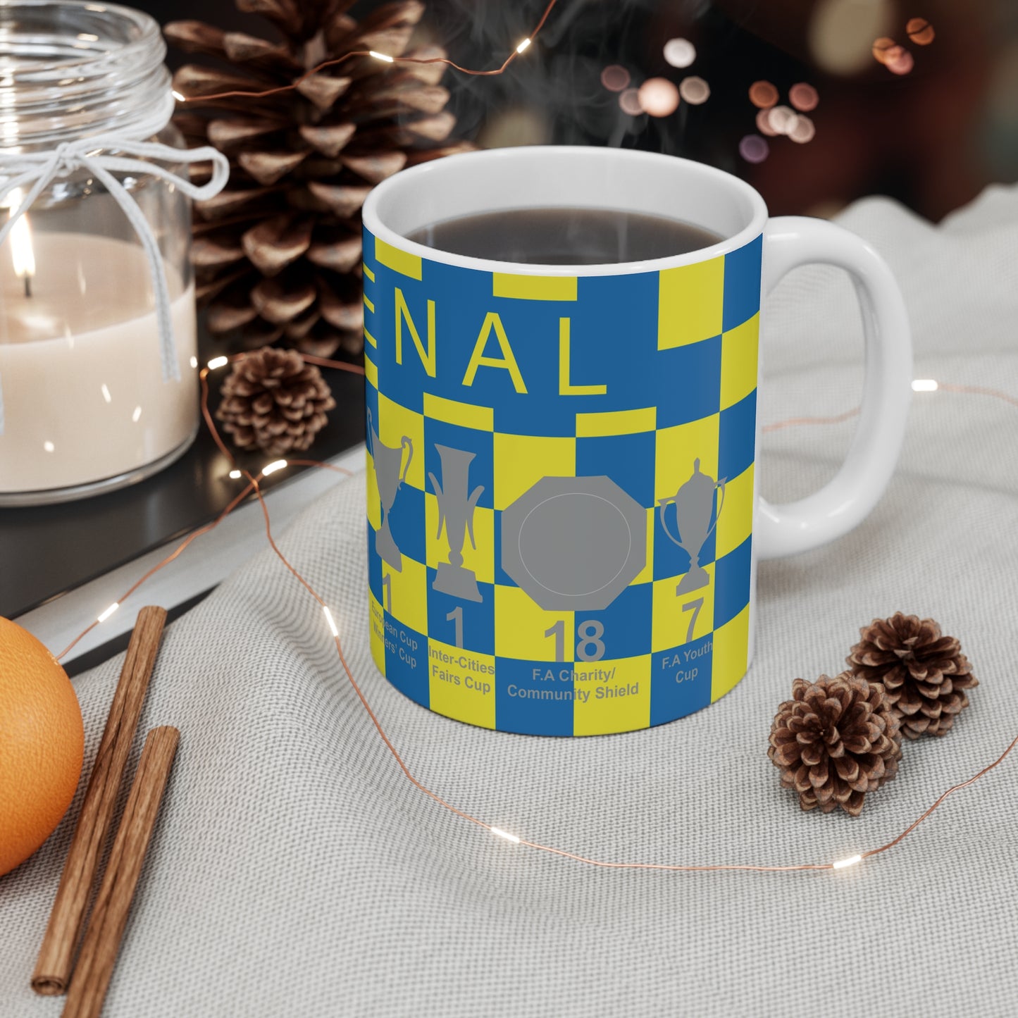 Arsenal Yellow & Blue Chequered Trophies Mug UPDATED - Yellow Text