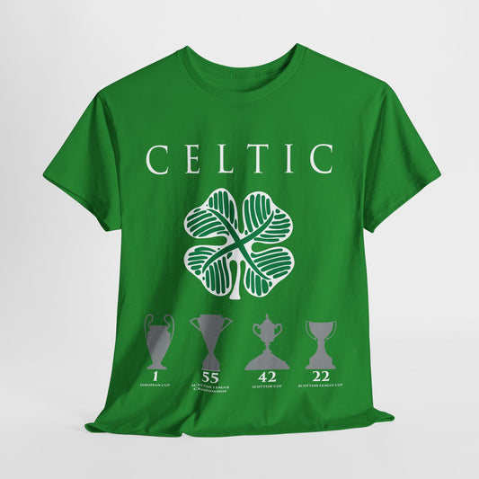 Celtic Clover & Trophies Unisex Heavy Cotton T-Shirt - Irish Green/Black/White/Gold/Sport Grey/Charcoal/Military Green/Forest Green