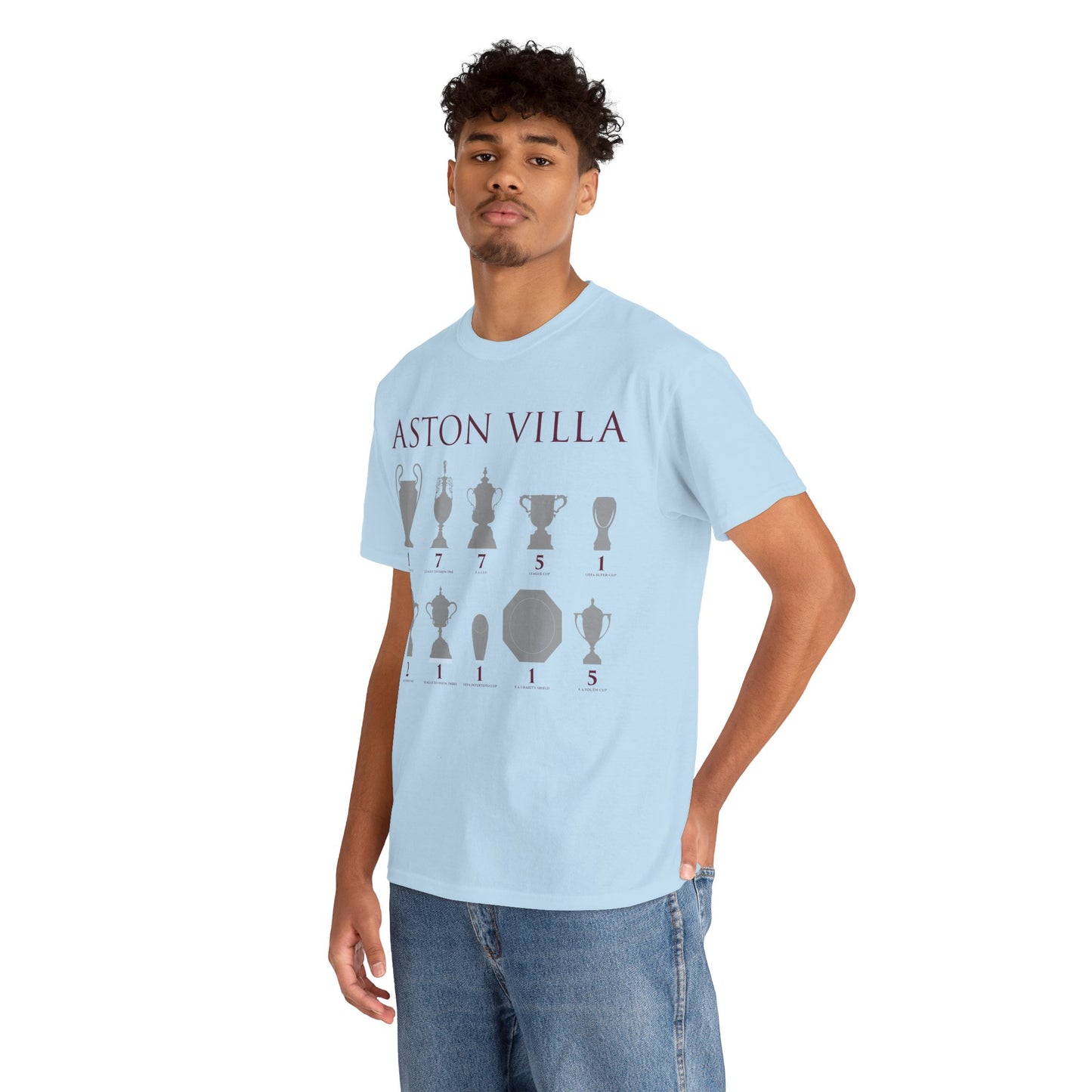 Aston Villa Trophies Unisex Heavy Cotton T-Shirt - Maroon/White/Light Blue
