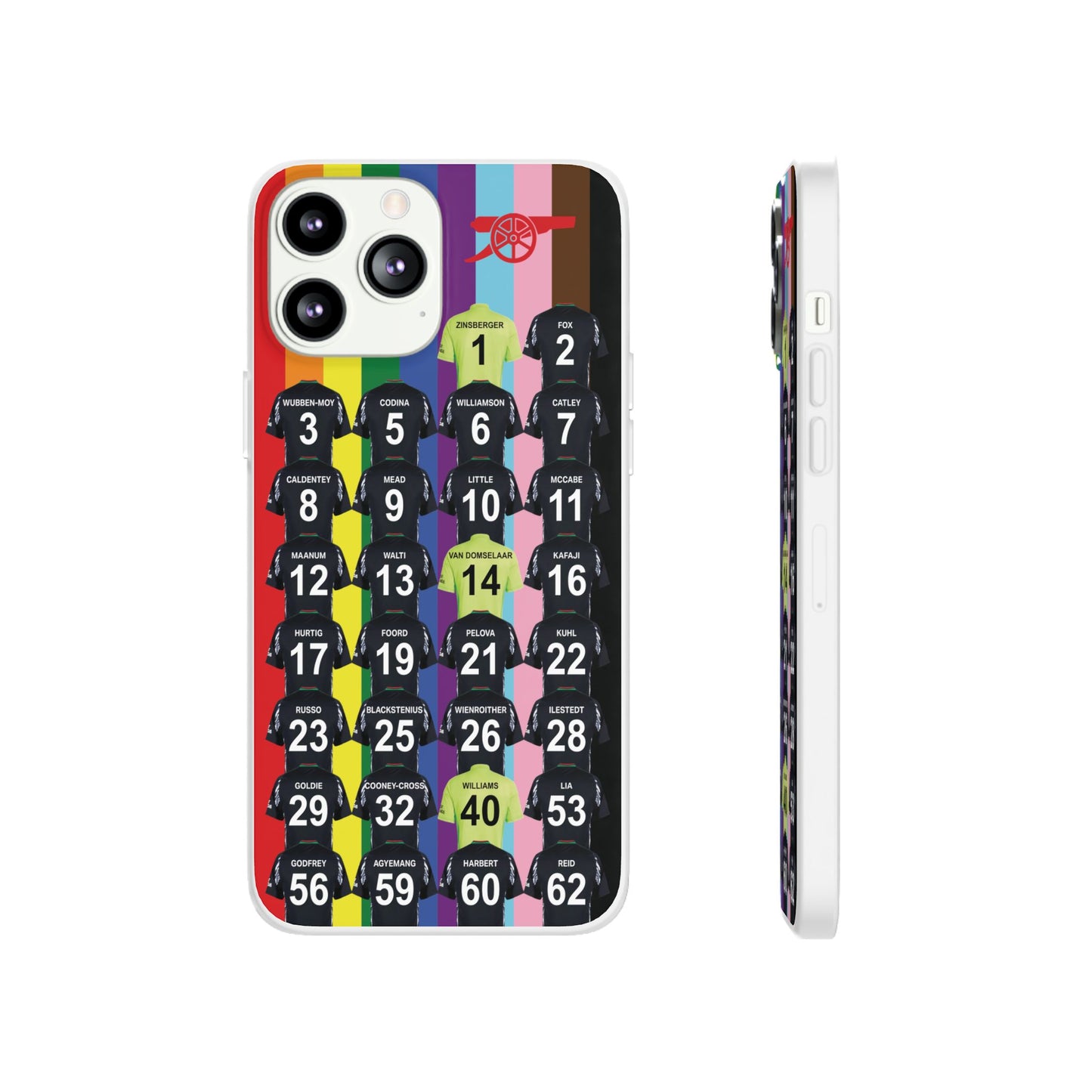 Arsenal Women Away Kit iPhone Flexi Case - iPhone 16, 15, 14, 13, 12, Mini/Plus/Pro/Pro Max - Rainbow