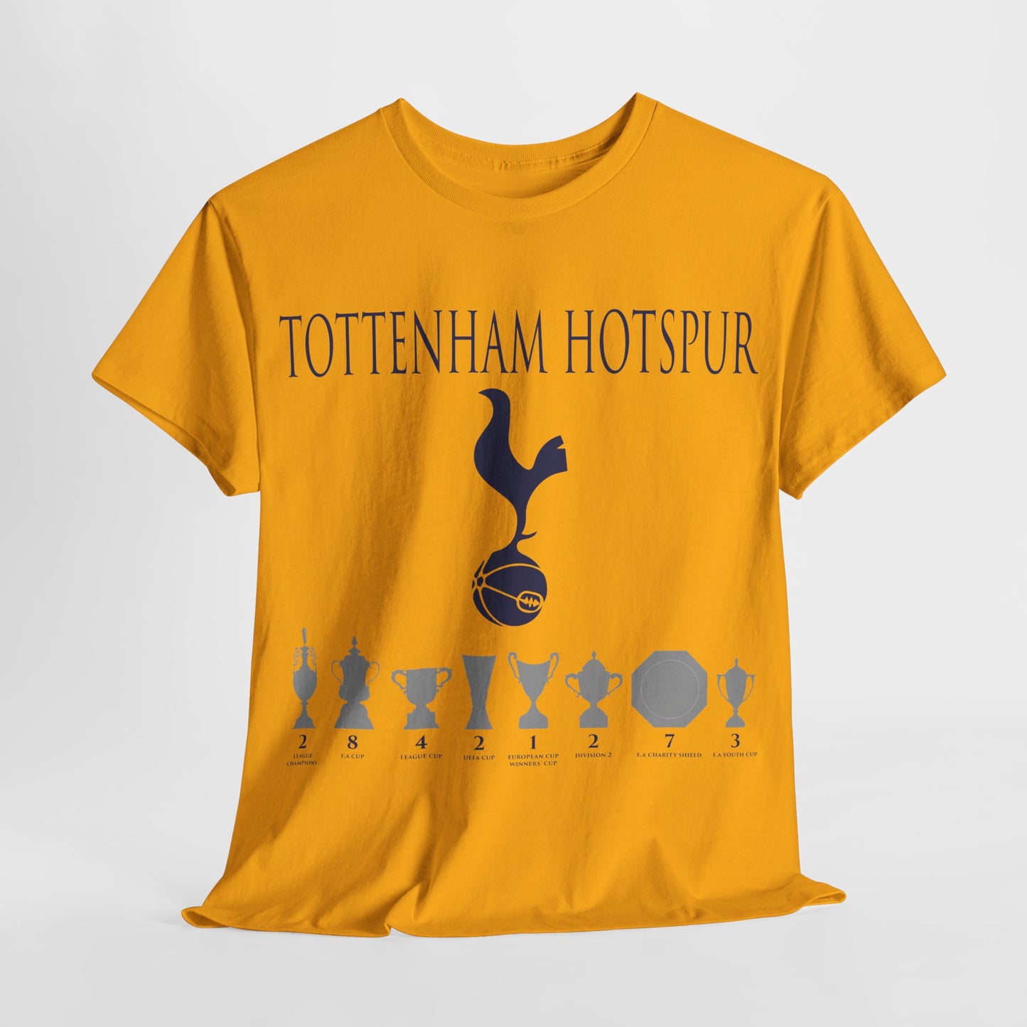 Tottenham Hotspur Cockerel & Trophies Unisex Heavy Cotton T-Shirt - Navy/White/Black/Gold/Light Blue/Royal