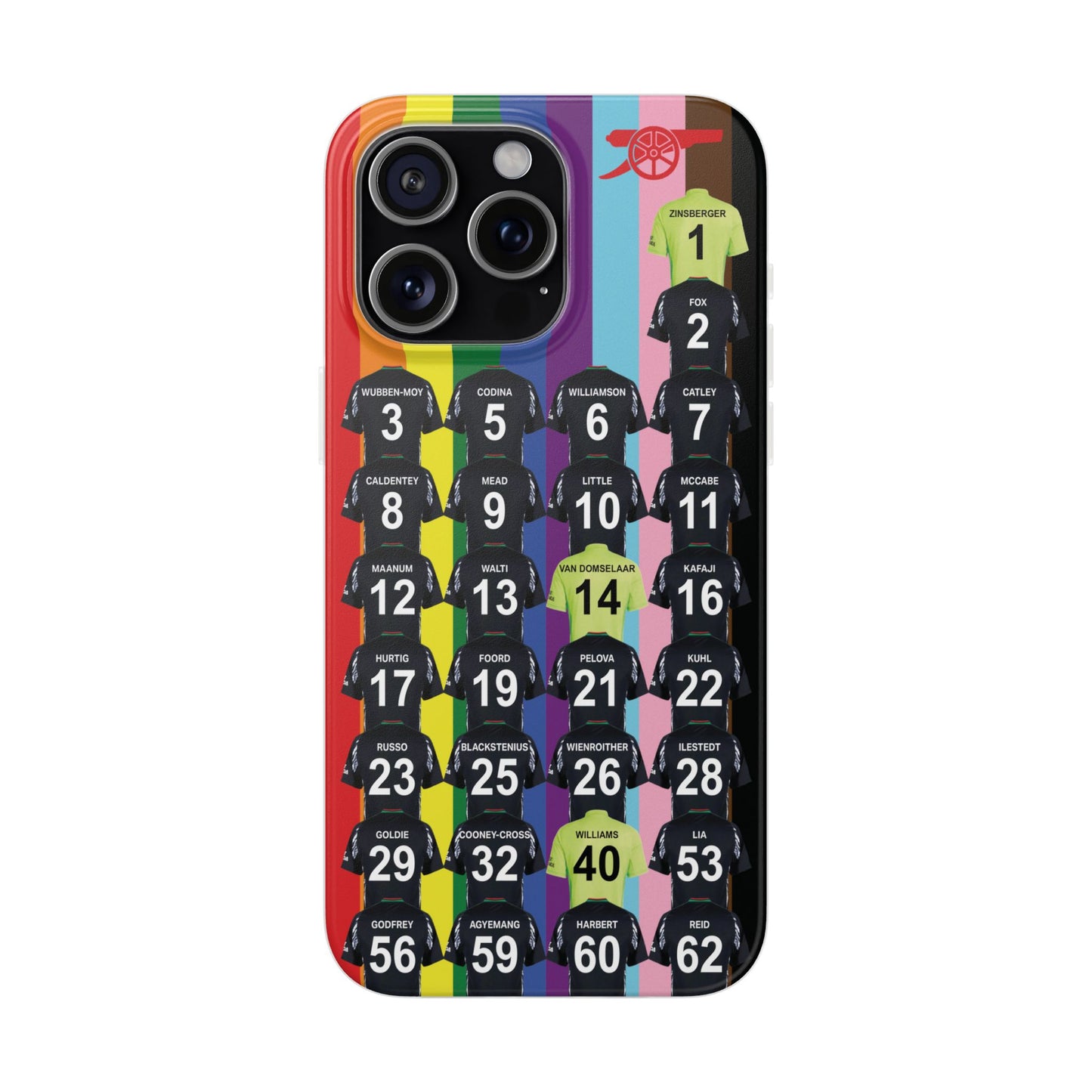 Arsenal Women Away Kit iPhone Flexi Case - iPhone 16, 15, 14, 13, 12, Mini/Plus/Pro/Pro Max - Rainbow