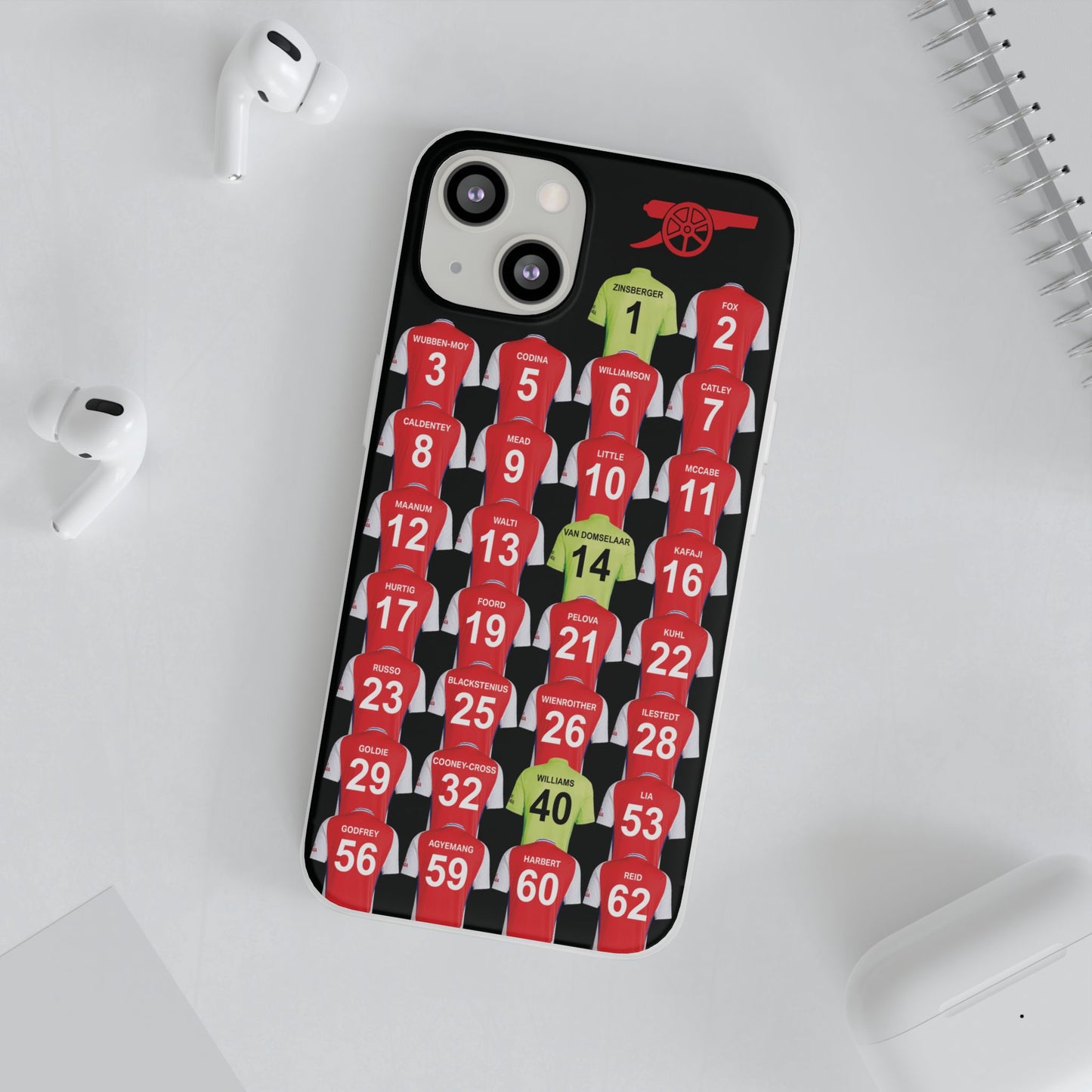 Arsenal Women Home Kit iPhone Flexi Case - iPhone 16, 15, 14, 13, 12, Mini/Plus/Pro/Pro Max - Black