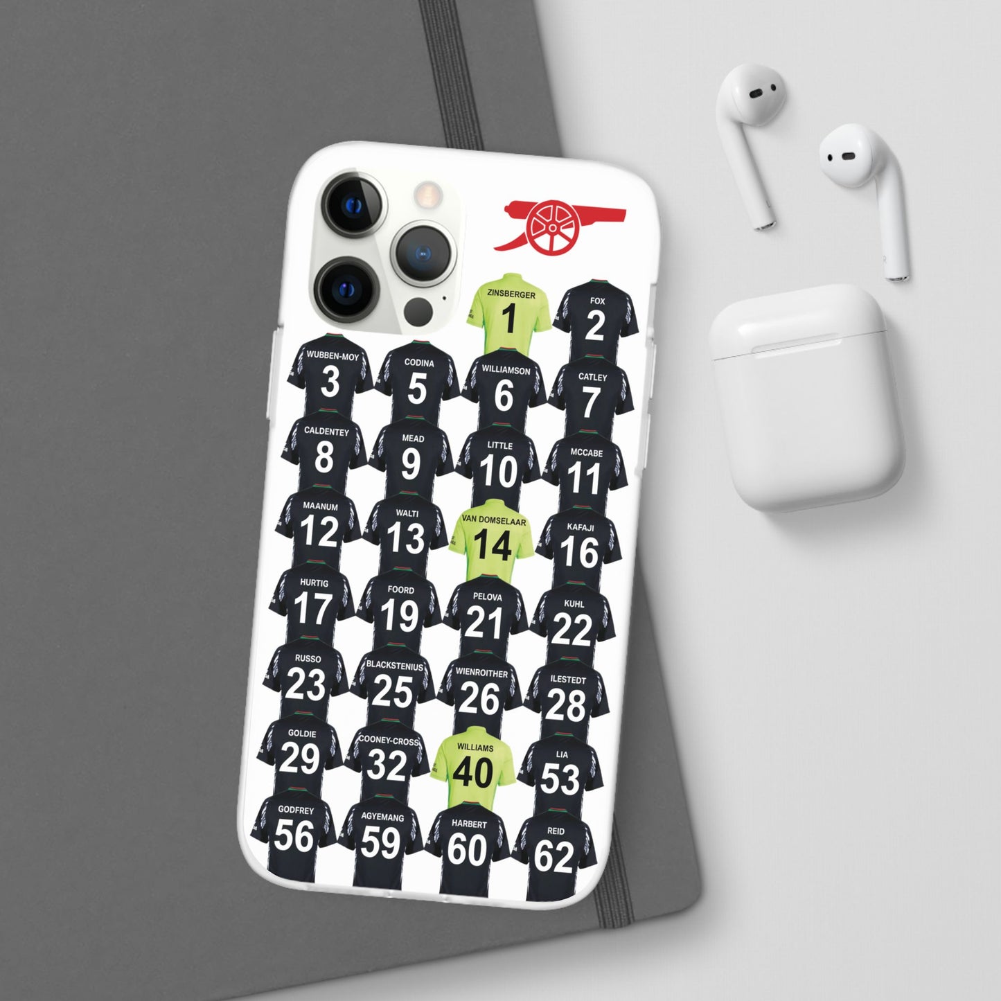 Arsenal Women Away Kit iPhone Flexi Case - iPhone 16, 15, 14, 13, 12, Mini/Plus/Pro/Pro Max - White