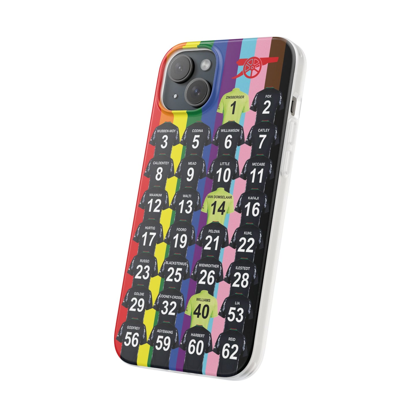 Arsenal Women Away Kit iPhone Flexi Case - iPhone 16, 15, 14, 13, 12, Mini/Plus/Pro/Pro Max - Rainbow