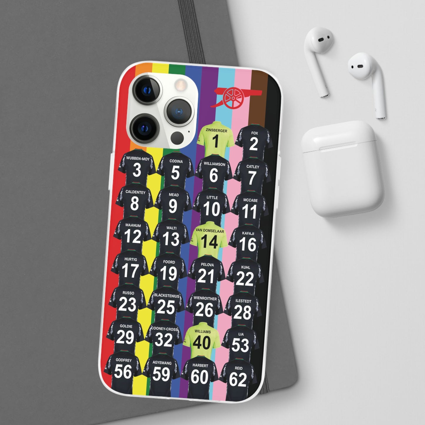 Arsenal Women Away Kit iPhone Flexi Case - iPhone 16, 15, 14, 13, 12, Mini/Plus/Pro/Pro Max - Rainbow