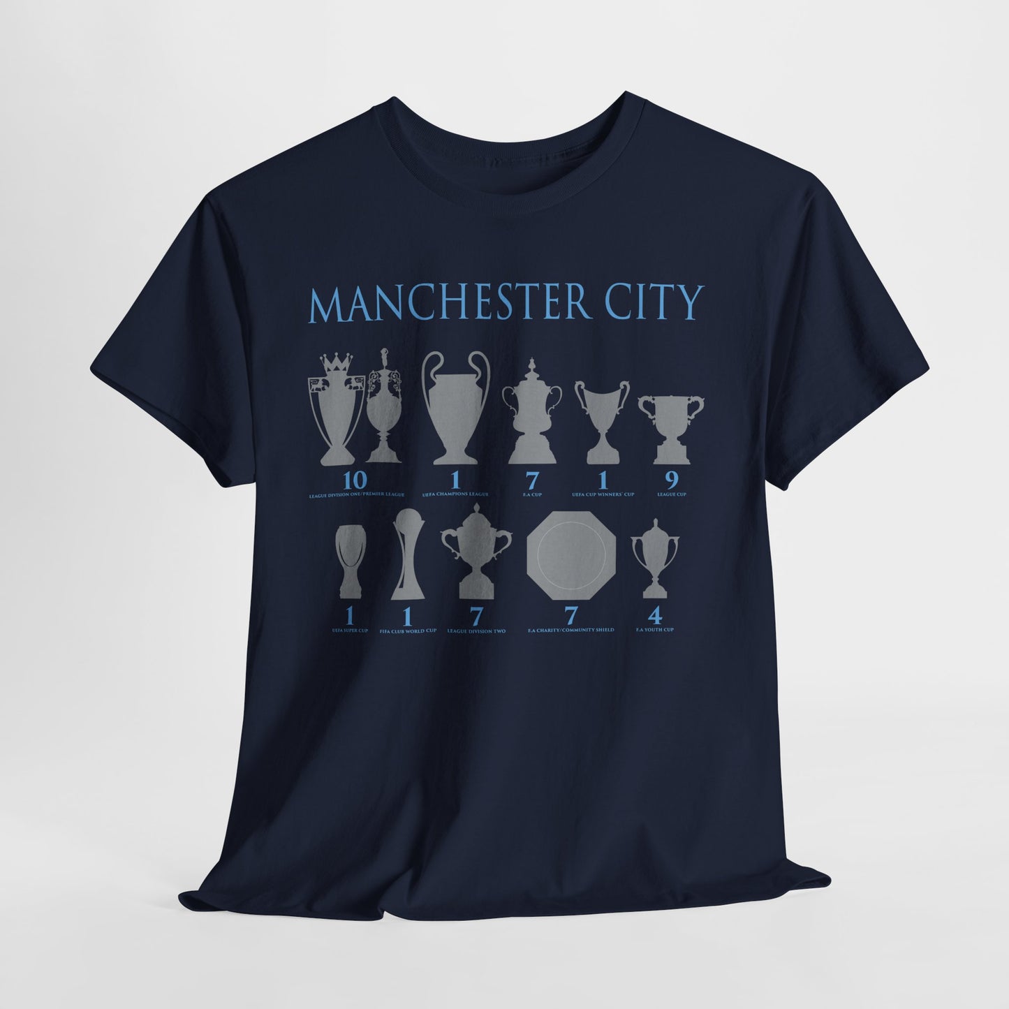Manchester City Trophies Unisex Heavy Cotton T-Shirt - Light Blue/White/Black/Navy