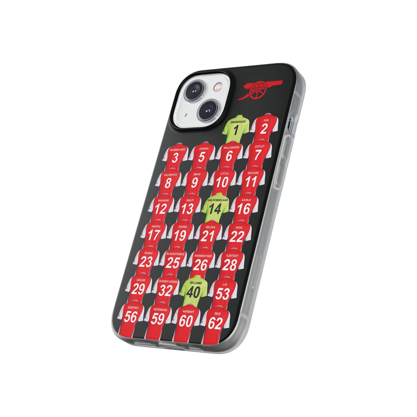 Arsenal Women Home Kit iPhone Flexi Case - iPhone 16, 15, 14, 13, 12, Mini/Plus/Pro/Pro Max - Black